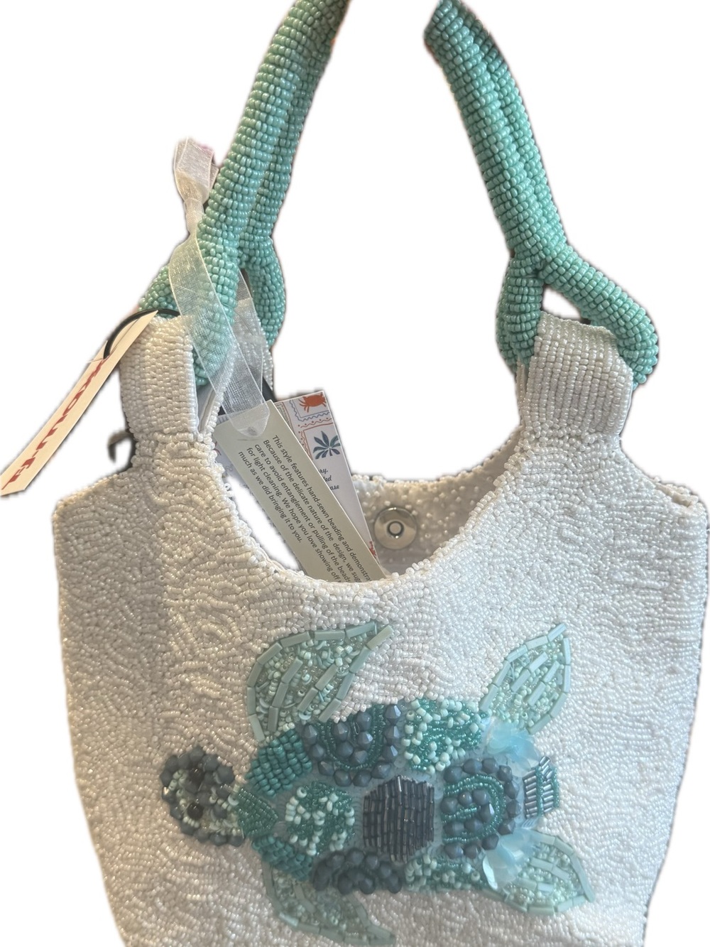 Beaded Sea Turtle Tote Bag in White and Aqua
